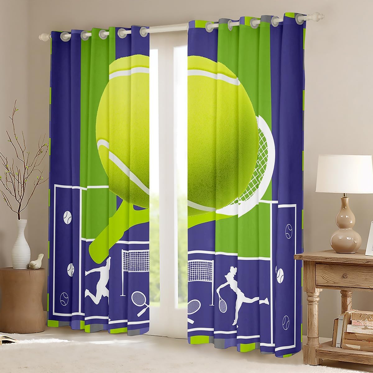 Tennis Curtains 42Wx84L,Fashion Sports Game Player Silhouette Windows Drapes Block 30%-50% Light,Tennis Court Sporting Field Geometric Purple Green Grommet Window Treatment,2 Panels