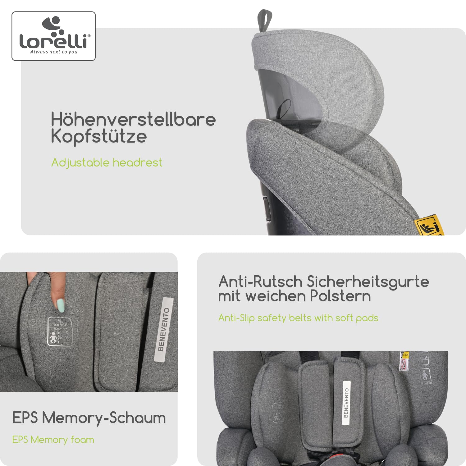 Lorelli Auto Kindersitz Benevento mit Isofix i-Size, Mitwachsender Autositz für Kinder von 76-150 cm, Babysitz, Autokindersitz, Einstellbare Kopfstütze, 5-Punkt-Sicherheitsgurt, gelb