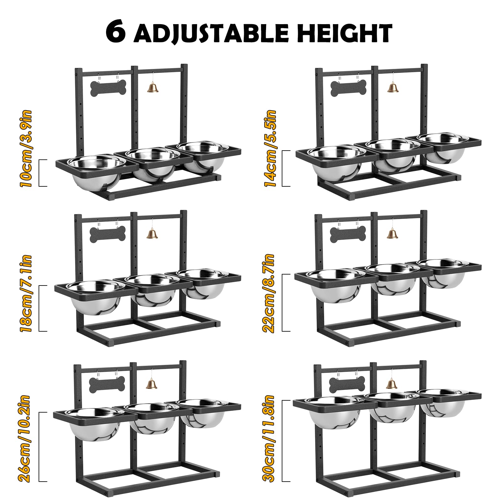Supporto Rialzato per Ciotola per Cani per Cani di Taglia Media/Grande con Alimentatore Lento e Tappetino, Altezza Regolabile 9.9 cm, 14 cm, 18 cm, 22 cm, 26 cm, 30 cm, 1640 ml, Ciotola Tripla per