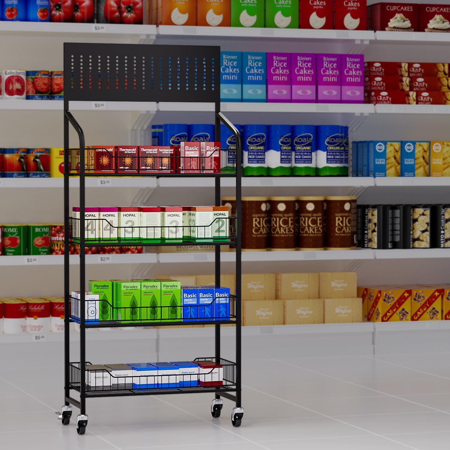 4 Tier Supermaket Snack Rack Display Stand, Free-Standing Black Retail Display Shelves with 12 Hooks & 4 Wheels, Large Metal Snack Shelf for Store Business (55 * 23.6 * 10.2)