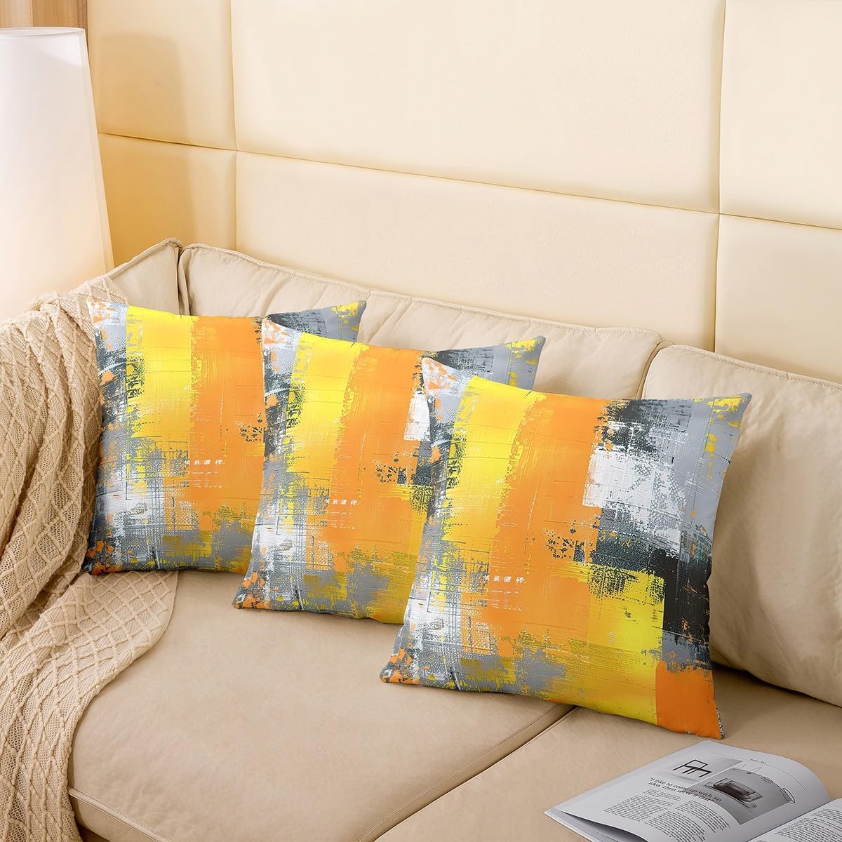 Feelyou Throw Pillow Covers, 1 Pcs, 24x24 Inches, Yellow Grey Decorative Pillow Cover, Abstract Art Painting Pillow Cases, Modern Accent Cushion Cover for Sofa Couch Bed Chair Living Room