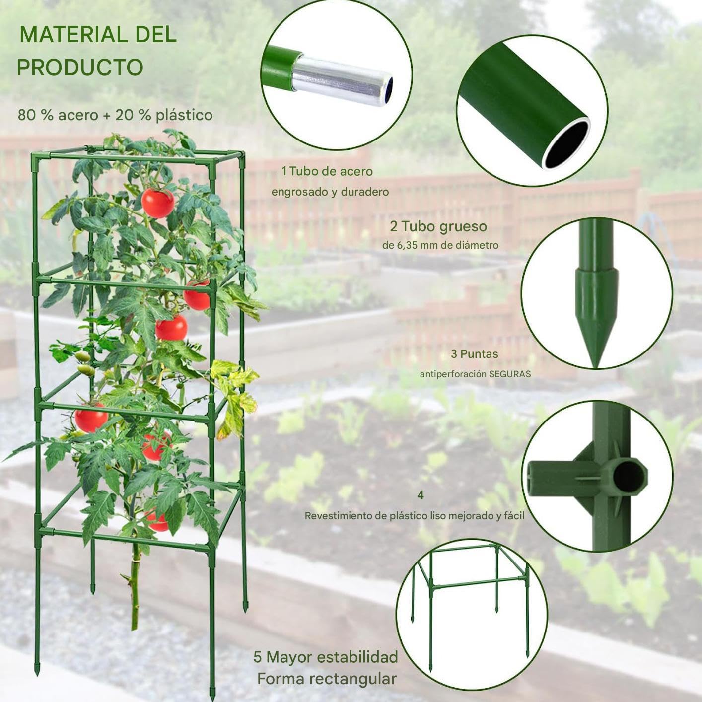 Entutorado para Tomates Soporte Cuadrado Ajustable en Altura de 3 Piezas | Tutor de Plantas Resistente para Judías Pepinos Verduras Rosas Peonías Macetas Bancal Elevado Jardín Patio Césped