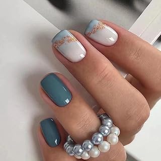 White and Blue Mixed Press On Nails, Short Square Nails with Sea Blue Mirror Design, Gold Dot Decoration Acrylic Nails and Suitable for Women and Girl's Nail Art, 24 PCS