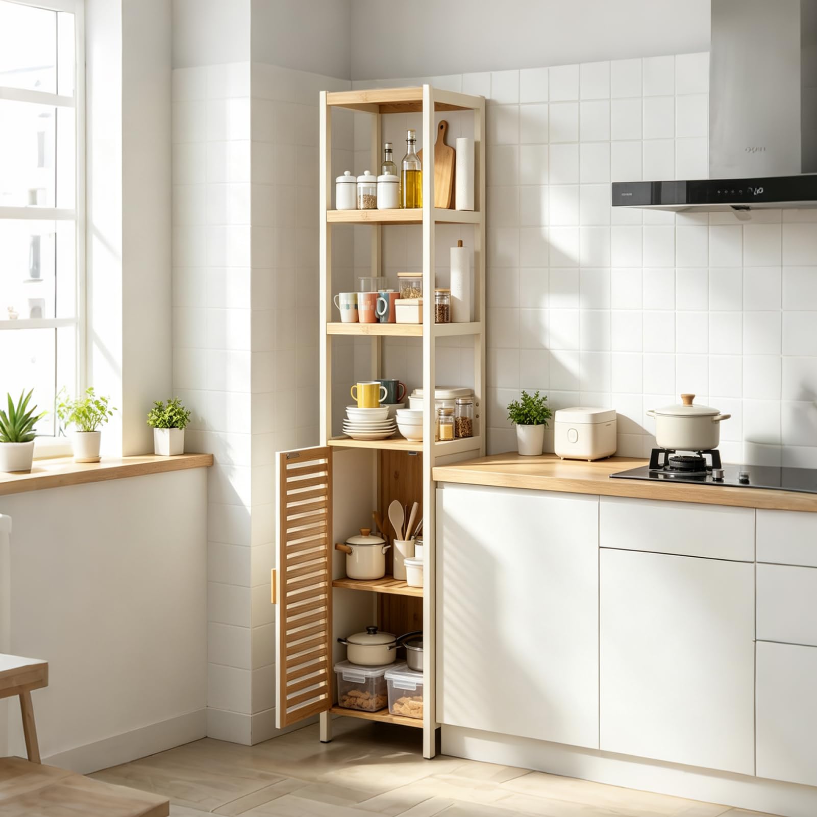 Badezimmerschrank Schmal, Badregal Bambus mit 3 Offene Fächern und Schrank, Hochschrank Bad 33x33x165cm, Toilettenschrank für Badezimmer, Wohnzimmer, Küche