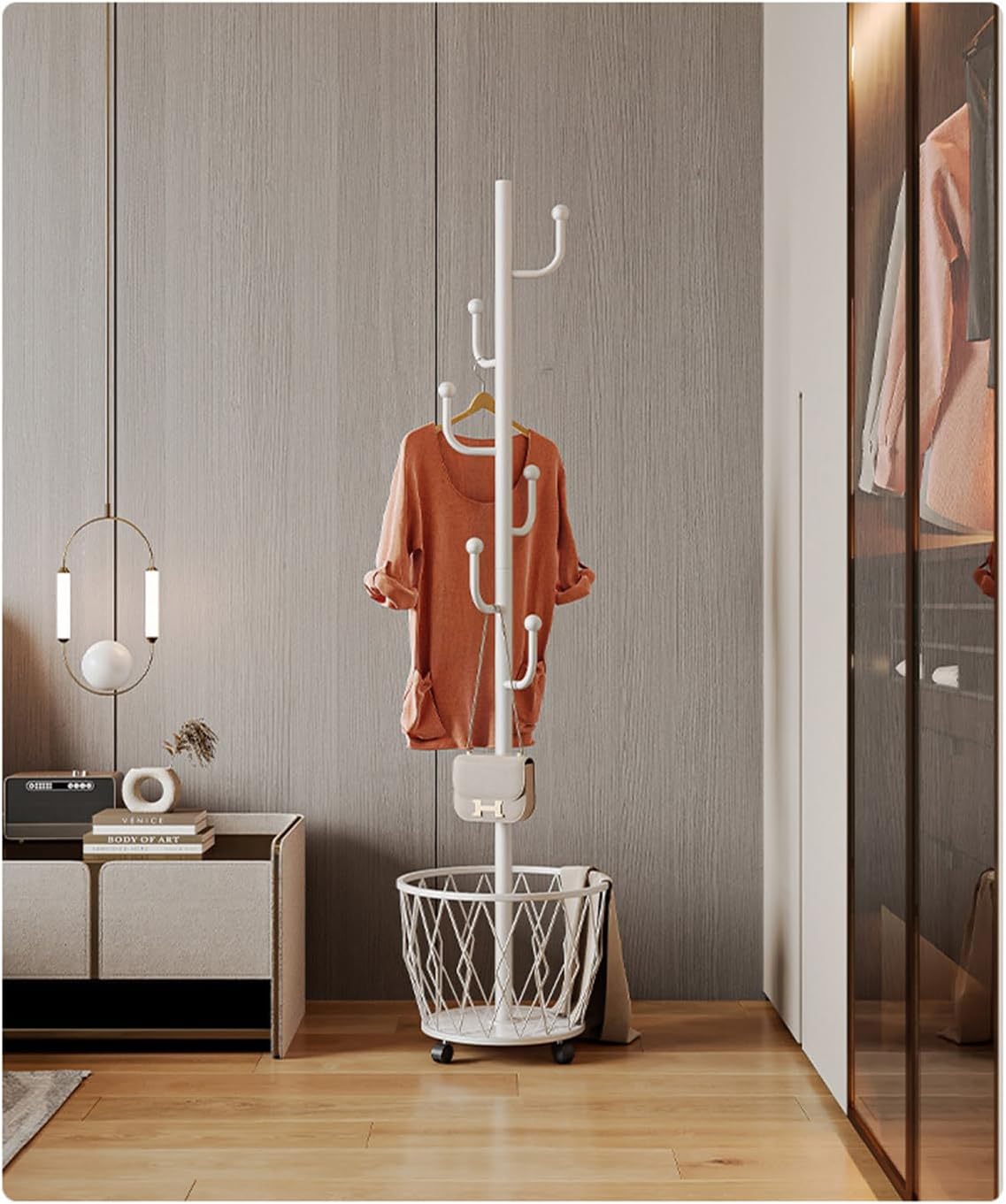White Cactus shaped Coat Rack Hanger Freestanding, Metal Clothes Rack with Basket 6 Hooks to Hang Clothes, Hat, Bag for Entryway, Hallway, Bedroom