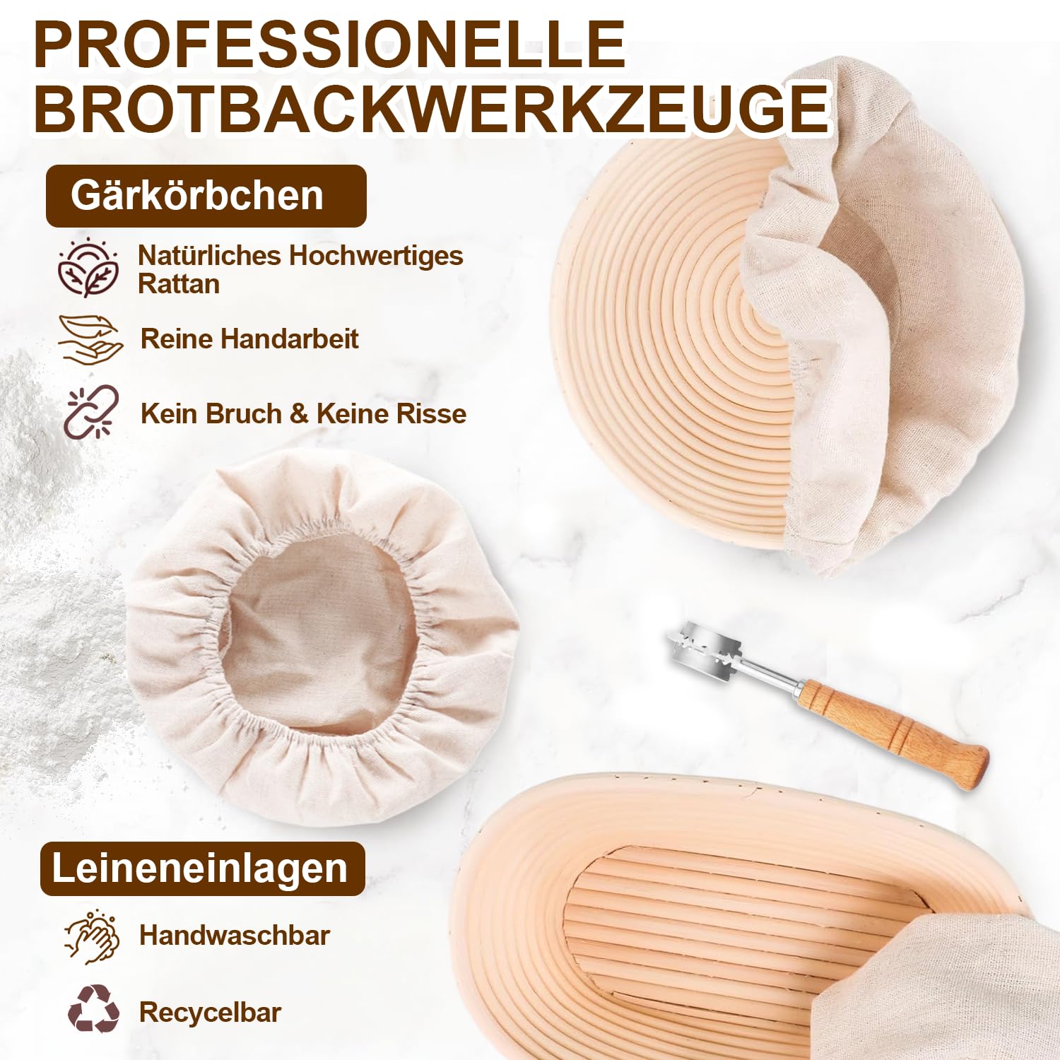 21-Teiliges Sauerteig Starter Set mit 2 Gärkörbchen (23cm Runde & 25cm Ovale), 900ml Glasgefäß zur Sauerteiggärung, Komplettes Brot Backen Zubehör für Einsteiger & Erfahrener Bäcker