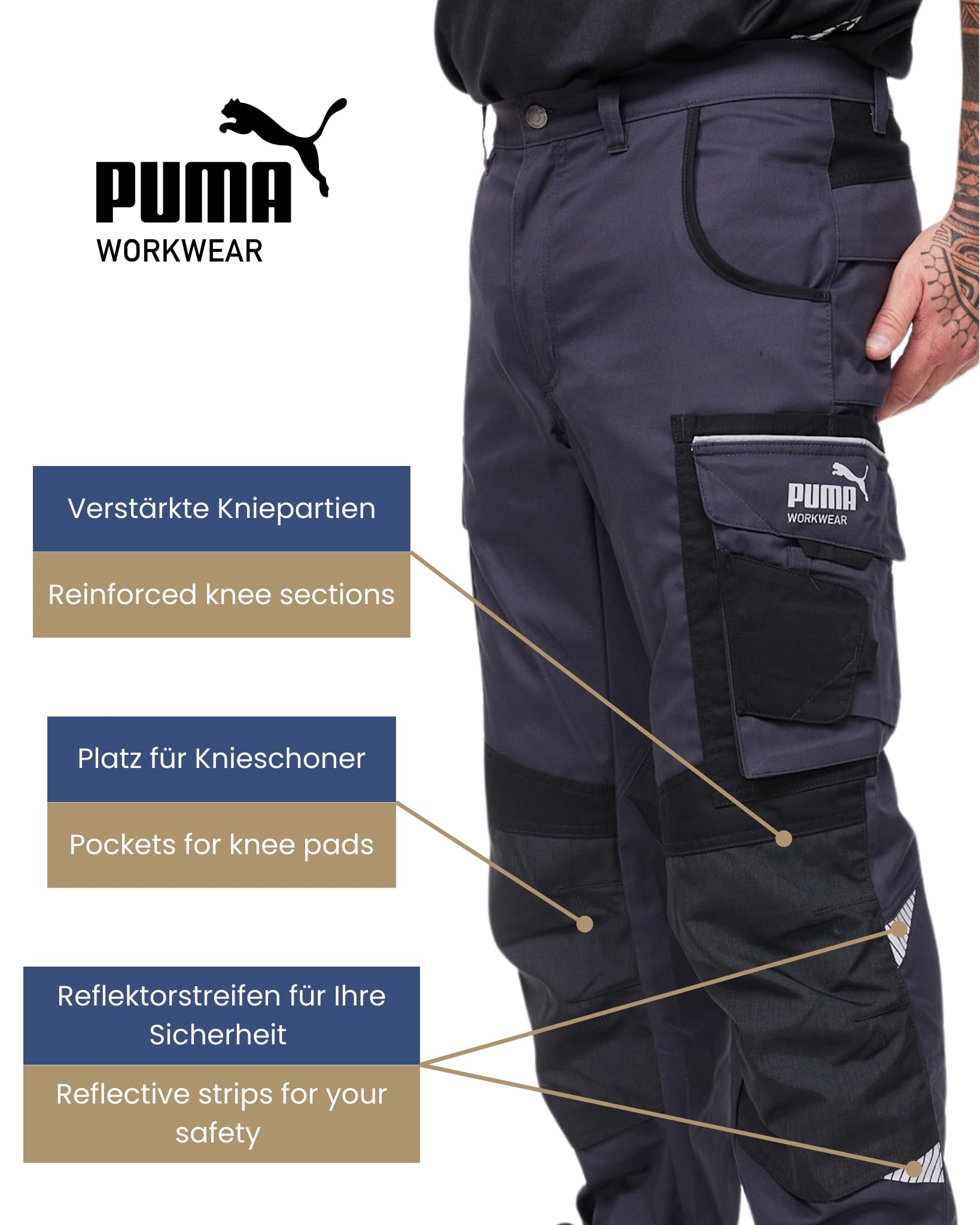 PUMA Workwear Premium spodnie robocze z wieloma kieszeniami i dodatkowo wzmocnioną tkaniną nylonową