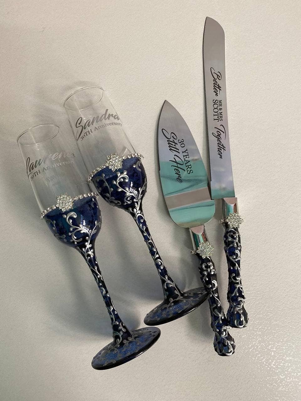 Navy Silver Toasting Sets - Toasting Flutes - Navy Blue and Silver Wedding - Wedding Glasses - Wedding Flutes and Cake Server Sets - Navy Glasses