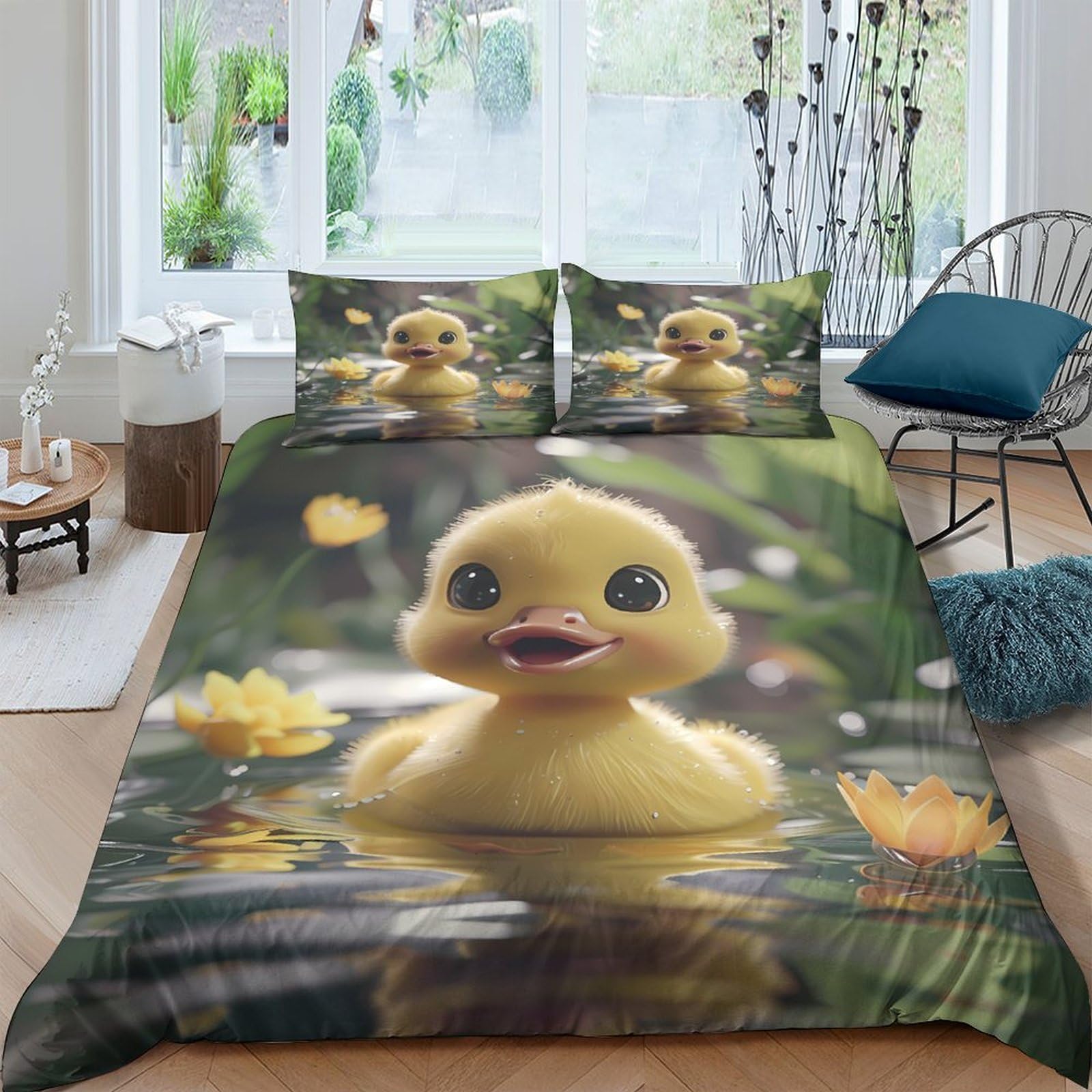 Ctjqhvkz Style-2 3D Printed Cute Duck Pond Fitted Sheet Microfiber Soft Bedroom Decor Yellow Flower Mattress Cover For Home Dorm Guest Room Single（135X200cm）