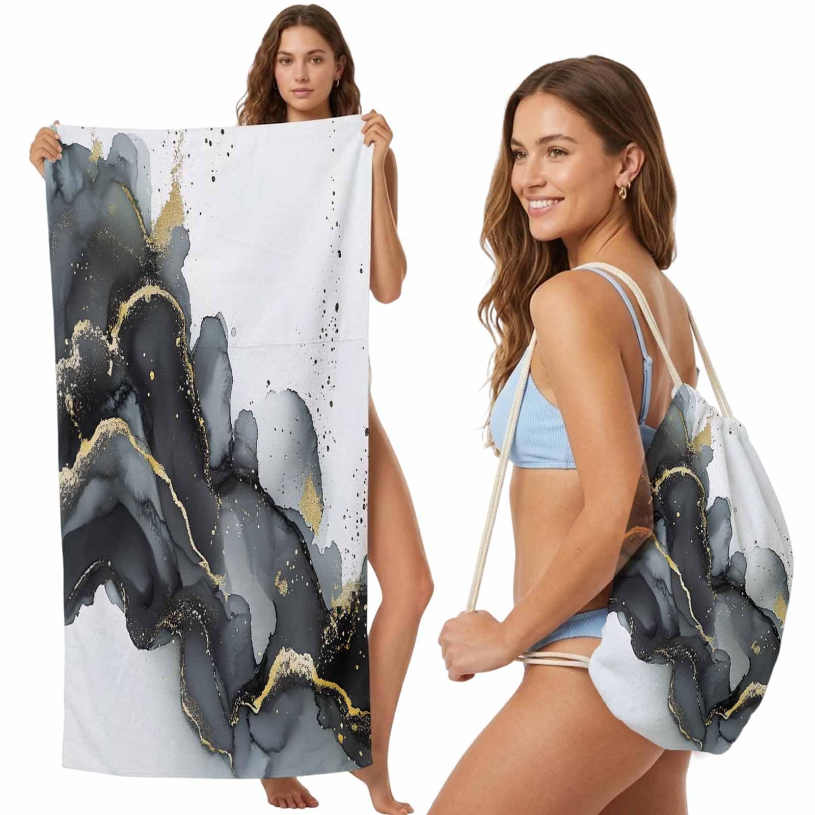 FWJZDSP Beach Towel Backpack Convertible Black White Marble Sand Free Quick Dry Towel Bag Waves Abstract Beach Towel with Adjustable Straps for Travel Swimming Pool Beach Accessories 31.5x63in
