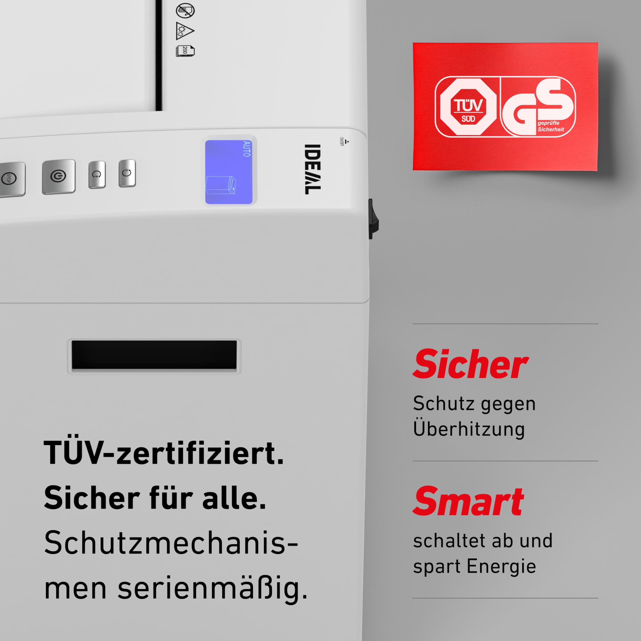 Autofeed Aktenvernichter IDEAL Shredcat 8292, 200 Blatt Papierstapel mit automatischem Einzug schreddern, 10 Blatt manuell, Partikelschnitt P4, leiser Betrieb – spart Zeit im Büro, Verwaltung, Schulen