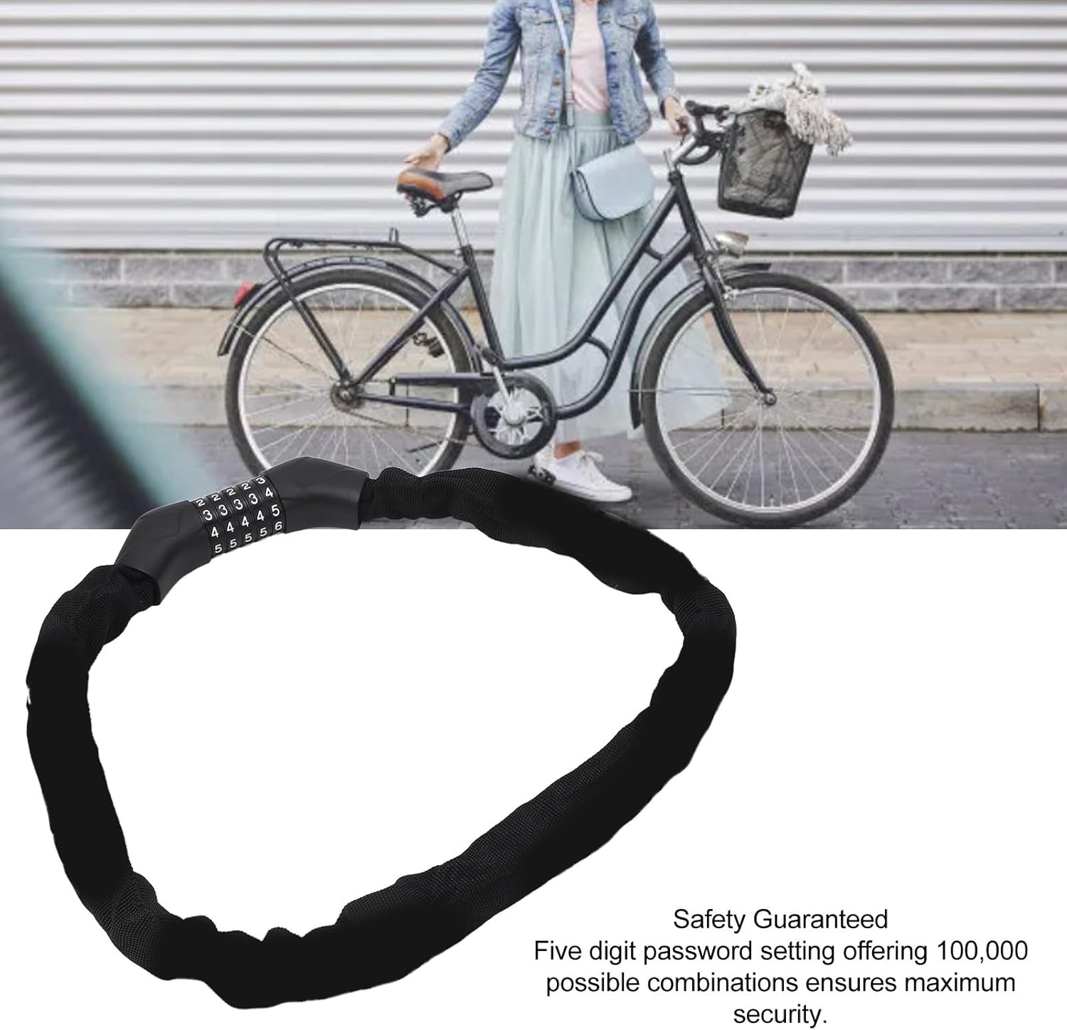 Steel Bike Chain Lock, 35.43 Inch Length, 6mm Thickness, 5-Digit Combination Lock, 100000 Possible Combinations, for Bikes, Motorcycles, Scooters