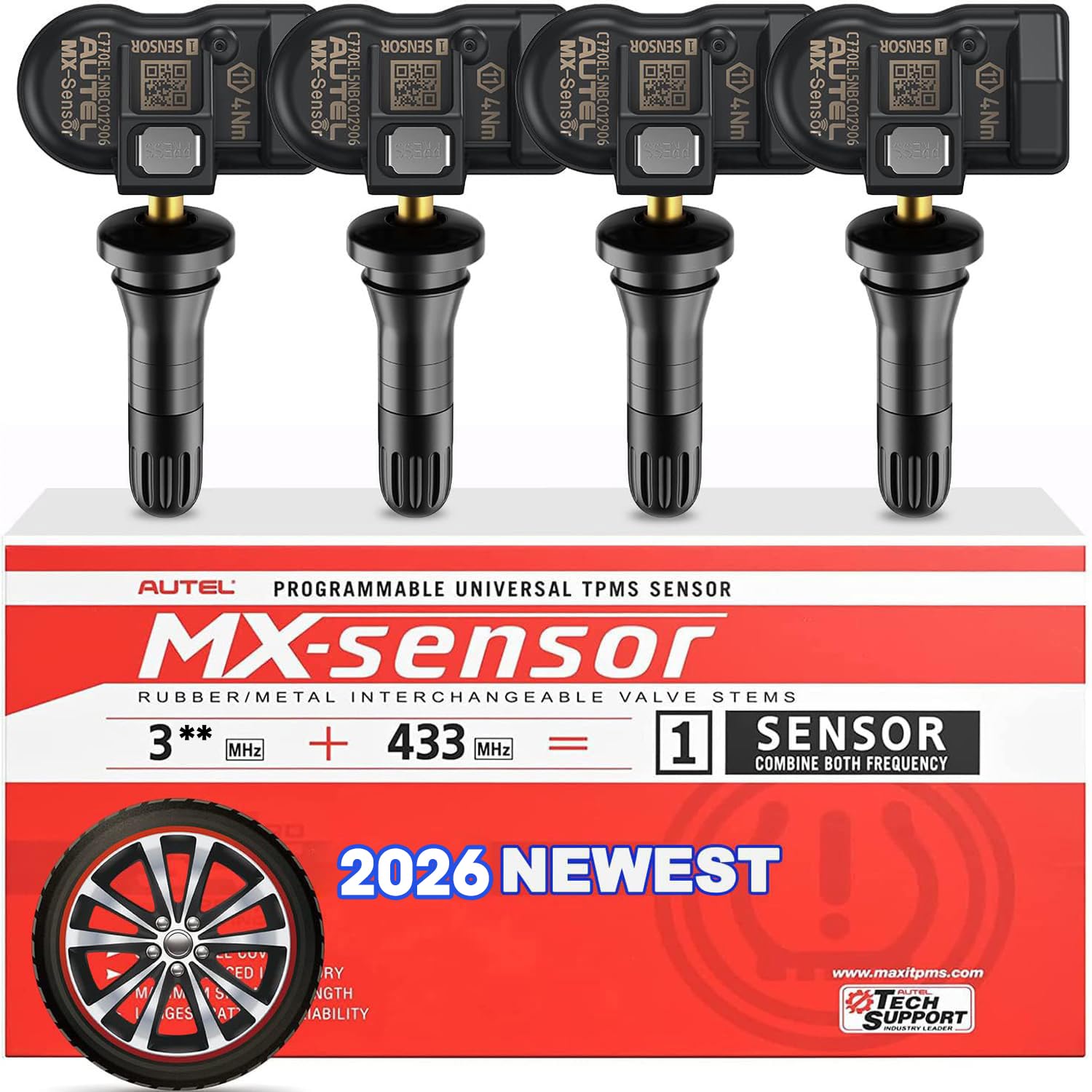Autel TPMS Sensor 2in1 315MHz + 433MHz MX Sensor, 1-Sensor Press-in Tire Pressure Monitor System Sensor, OE-Level Programmable & Cloneable Wireless TPMS Sensor for All Vehicles (Rubber Valve, 4PCS)