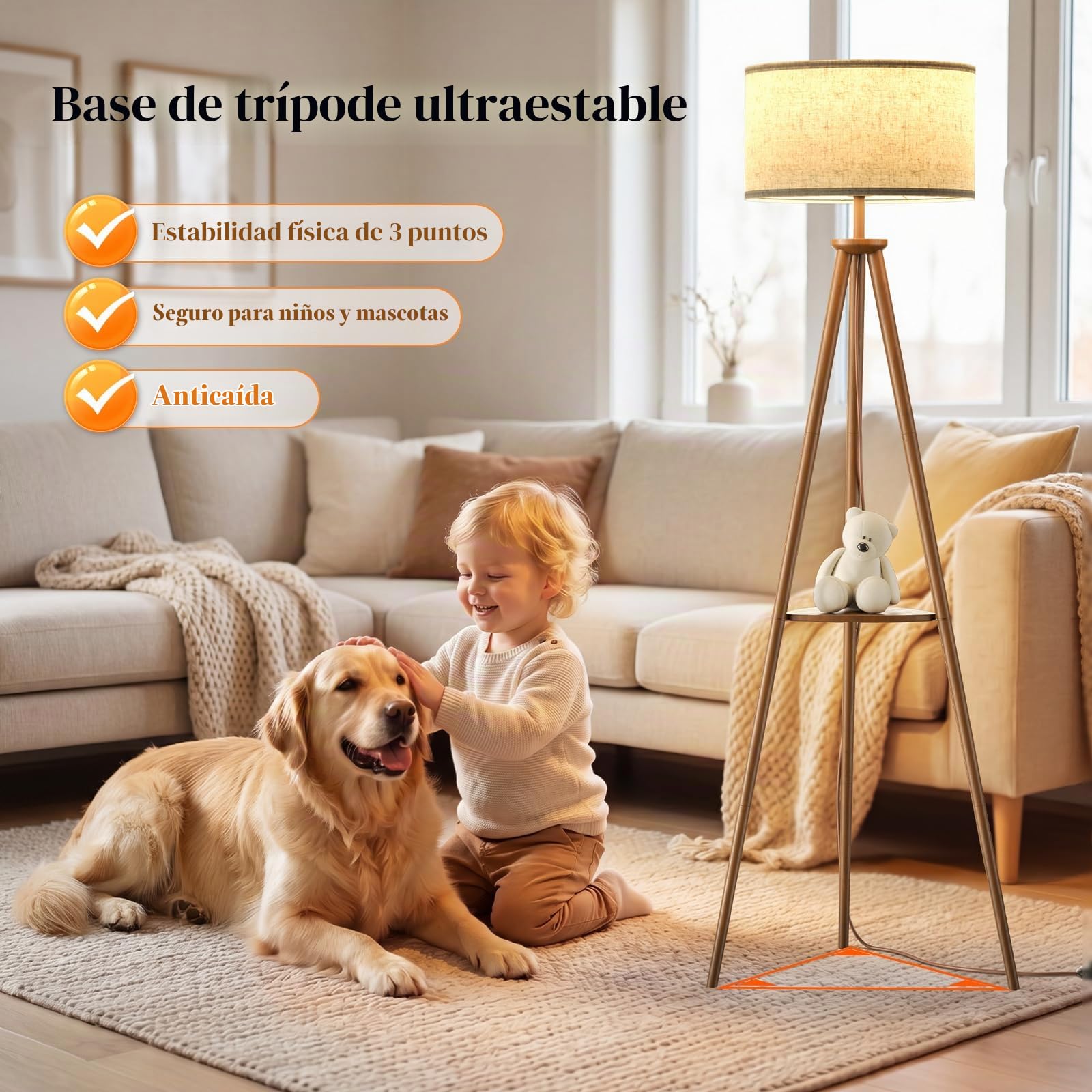 Lámpara de Pie Trípode LED Regulable Con Separadores de Almacenaje - 12W Lampara de Pie Madera con Mando & Bombilla E27, Luz para Leer para Salón, Dormitorio, Marrón Oscuro - Estante Triangular