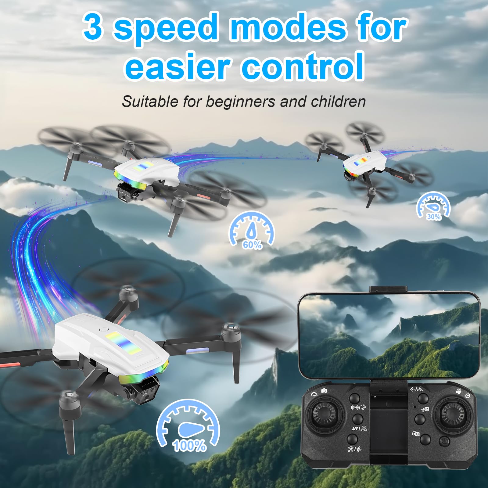 Drone avec 2 Caméra Réglage électrique Caméra, Ambesty 4K Mini Drone Caméra Pliable Active d'évitement d'obstacles, Drone Quadricoptère FPV WiFi Télécommandé, avec 2 Batteries, pour Débutants (Blanc)