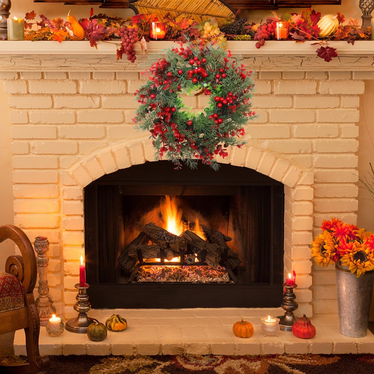 NOLITOY 12 Inch Artificial Christmas Wreath, Xmas Garland with Pine Needles and Red Berries, Wreath Decor for Christmas Party Home Wall Front Door - Image 4