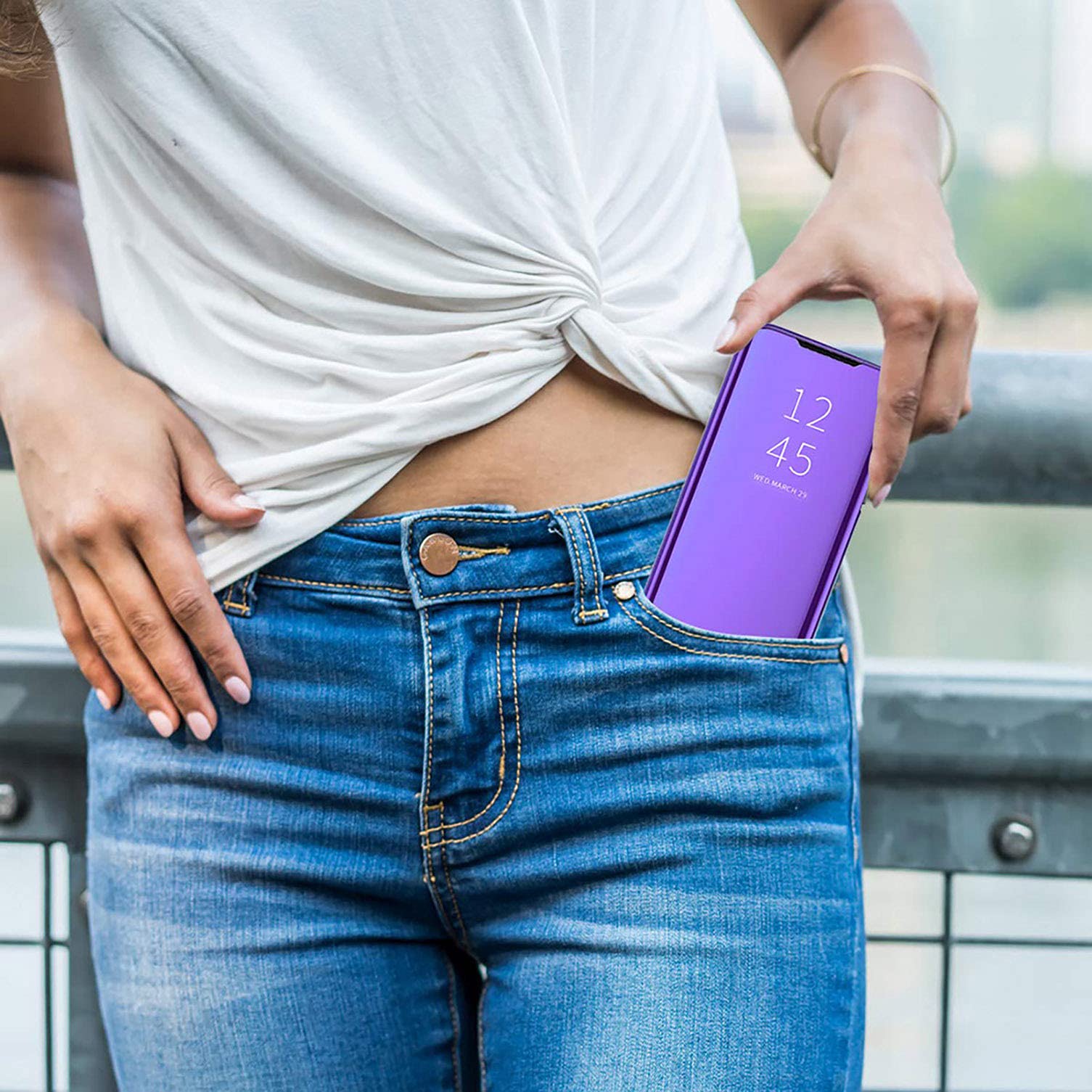 Funda Espejo Para Xiaomi Redmi Note 12 Pro 5G - Cubierta Plegable Con Soporte, Vista Inteligente, Color Azul Morado