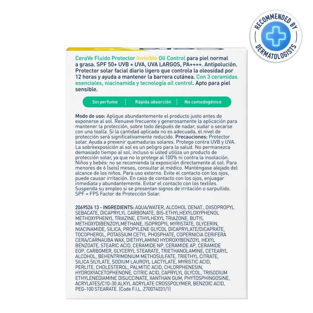 CeraVe Fluido Protezione Solare Invisibile Oil Control SPF50+, Per Pelle da Normale a Grassa, Protezione Molto Alta, Effetto Opacizzante, Invisibile Sulla Pelle, Texture Leggera, 50ml