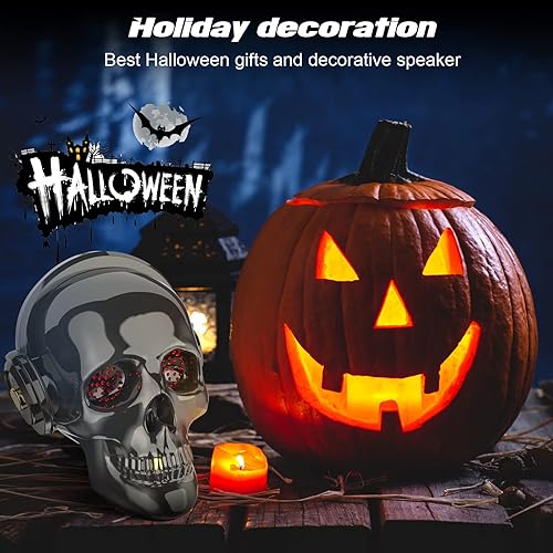 Miniatura 4 de Altavoz Bluetooth con diseño de calavera y esqueleto único, inalámbrico, portátil, con luces de ojos, decoración de Halloween (gris)