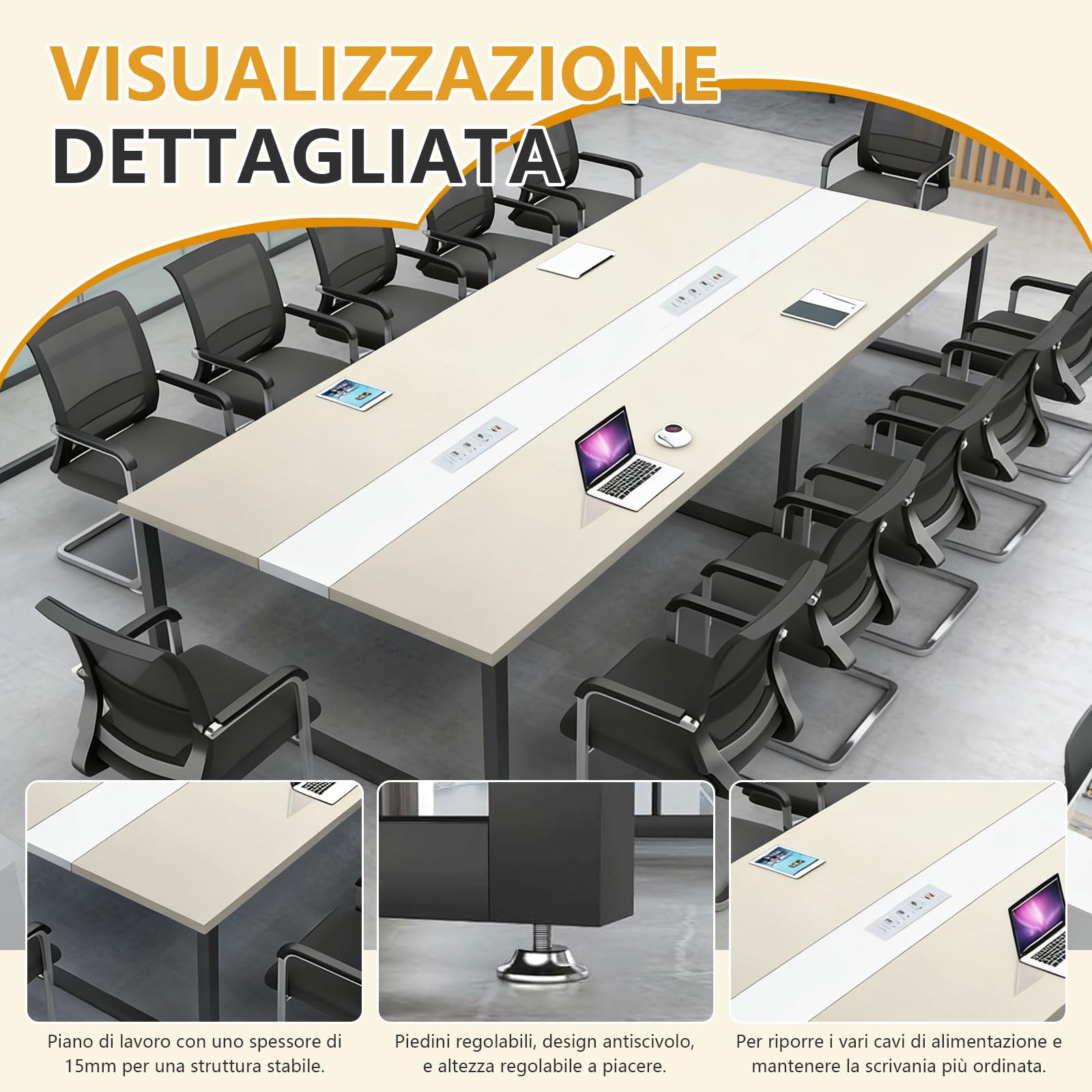 Tavolo da Riunioni per Ufficio Moderno con Passacavi Integrato, Grande Tavolo Conferenza per Sala Meeting, Struttura Stabile per Più Persone