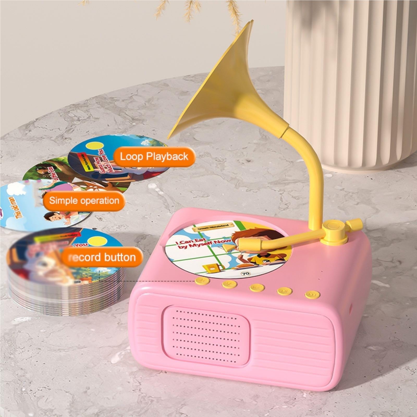 Kinder-Phonograph mit 96 Karten, Grammophon for Kinder, Lern-Plattenspieler, pädagogisches interaktives Musikspielzeug(Pink)