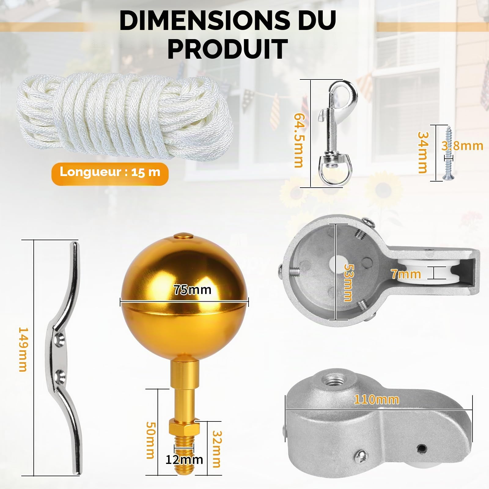 DBREAKS Kit D'accessoires pour Mât de Drapeau, Kit de Pièces de Réparation avec Pointe de Boule Dorée, Ø 5,1 cm Topper avec Poulie, Corde en Nylon de 15 m, Mousqueton, Taquet, pour Déco Maison, Doré