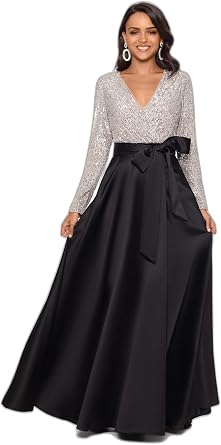 Xscape Womens Sequin Long Sleeve Bodice and Satin Skirt V-Neck Floor Length Dress