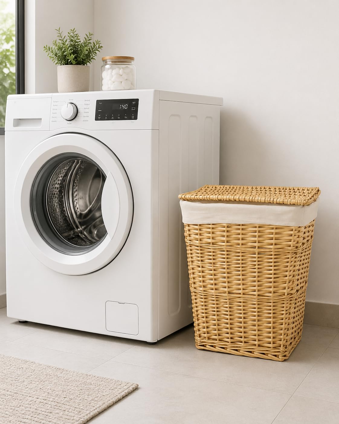 HERSIG - Cesto Ropa Sucia - Cesta Ropa Sucia Diseño Mimbre con Tapa - Cesto Colada con Bolsa Tela Extraíble - Diseño Resistente y Robusto - Recantular Blanco - 42x33x50cm