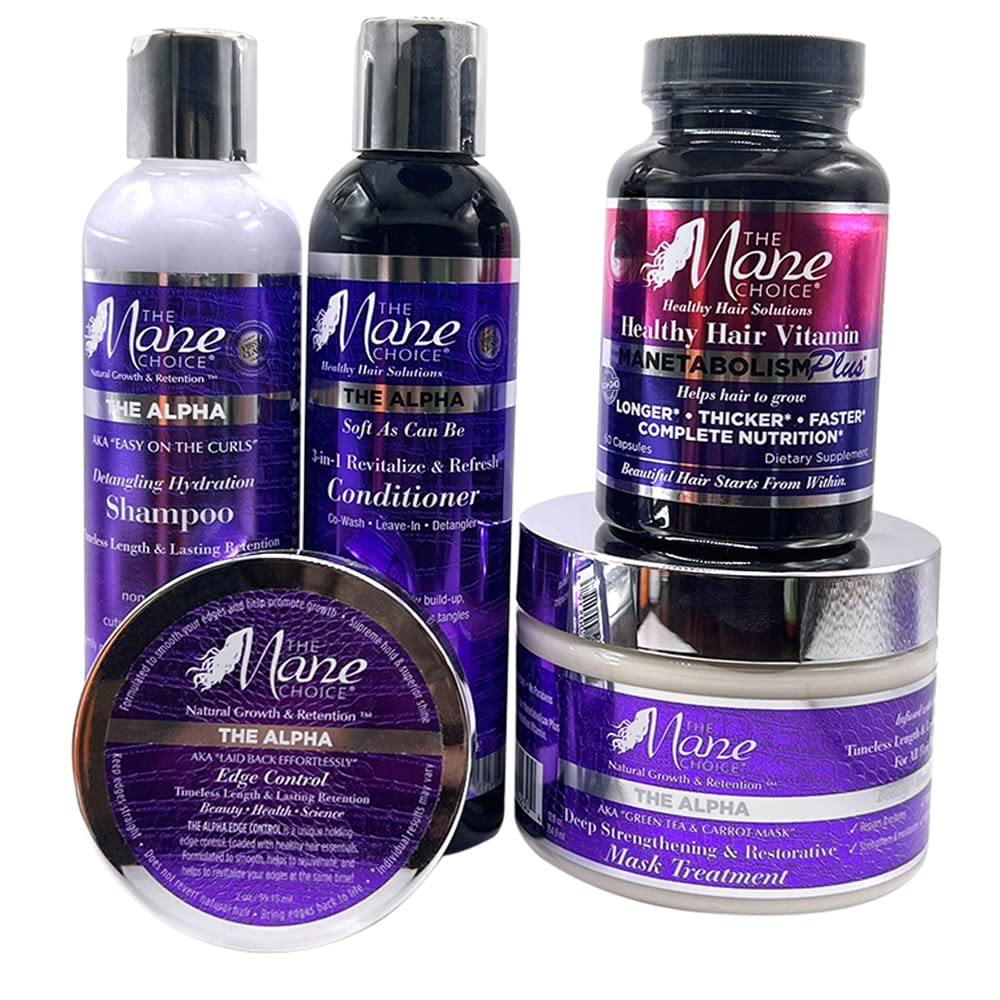 The Mane Choice - Alpha Collection - Shampoo, Conditioner, Mask Treatment, Edge Control, Healthy Hair Vitamin Manetabolism Plus - For All Hair Types Hair Product Bundle Set 5PCS