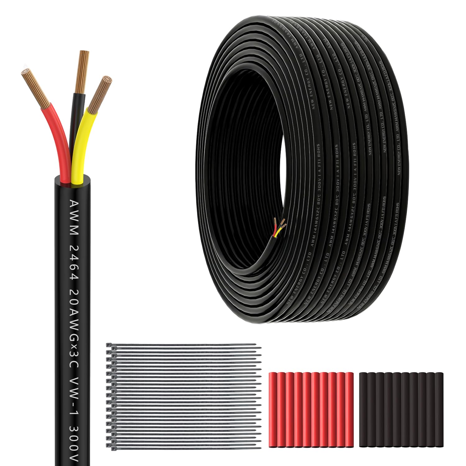 20 Gauge 3 Conductor Electrical Wire 100feet 20/3 Extension Cable UL2464 DC5V/12V/24V/300V 20AWG Stranded Pure Copper Low Voltage Wire for Automotive