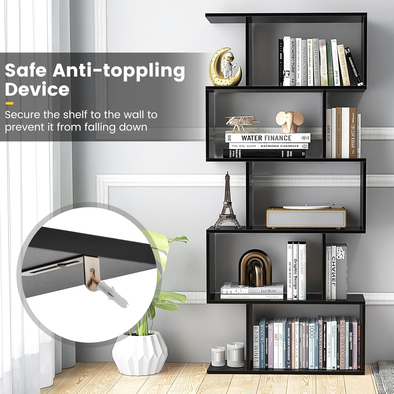 LOKO 5-Tier Bookshelf, S-Shaped Book Case with Anti-Toppling Device, Freestanding Home Organizer Room Divider Display Shelf, Open Storage Rack for Bedroom, Study (1, Black)