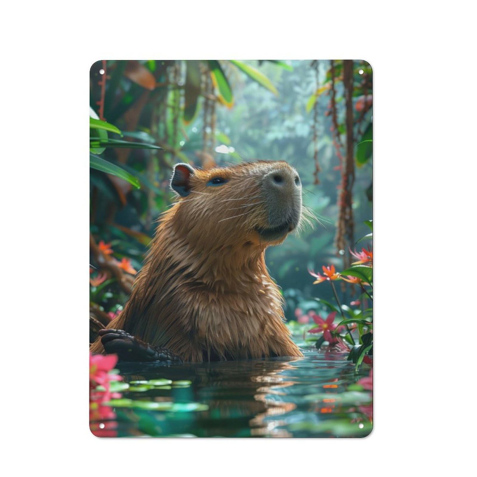 Junmoney Tropical Floral Capybara Printed Metal Sign 40X30cm For Pub Or Café, With Clear Industrial Wall Decor Character