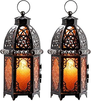 NEEDOMO Set of 2 Moroccan Lanterns Decorative Indoor & Outdoor, Hanging Candle Lantern, 11'' Vintage Candle Holder, Metal Lanterns Decorative, Table, Patio, Porch, Shelf, Gothic Home Decor (Amber)