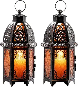Set of 2 Moroccan Lanterns Decorative Indoor & Outdoor, Hanging Candle Lantern, 11'' Vintage Candle Holder, Metal Lanterns for Table, Patio, Porch, Shelf, Gothic Home Decor (Amber)
