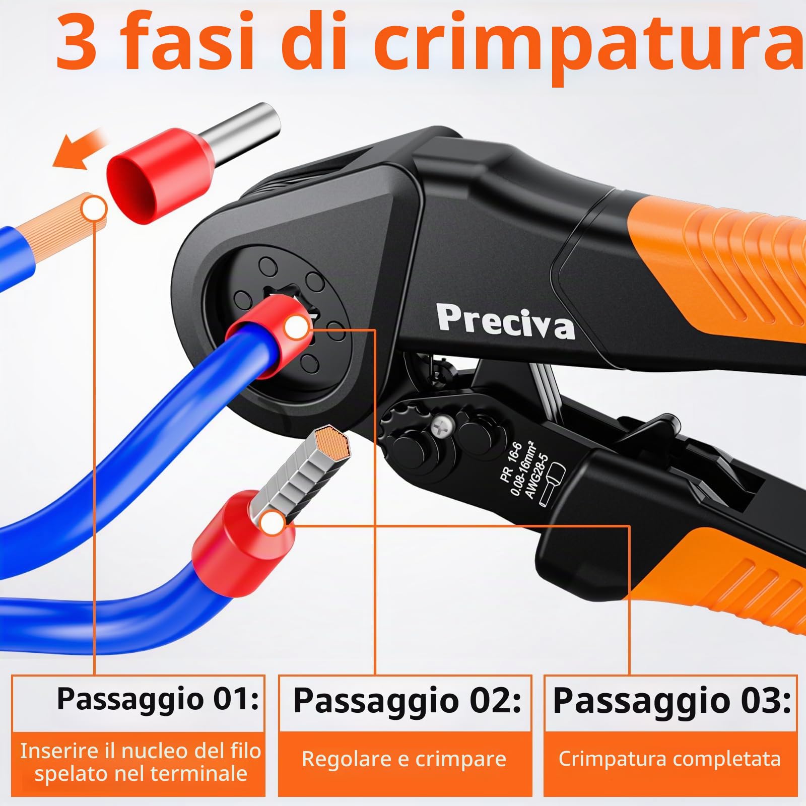 Preciva - Set di pinze crimpatrici, 0,08-16 mm², pinza crimpatrice, 1500 pezzi, per fai da te e uso domestico