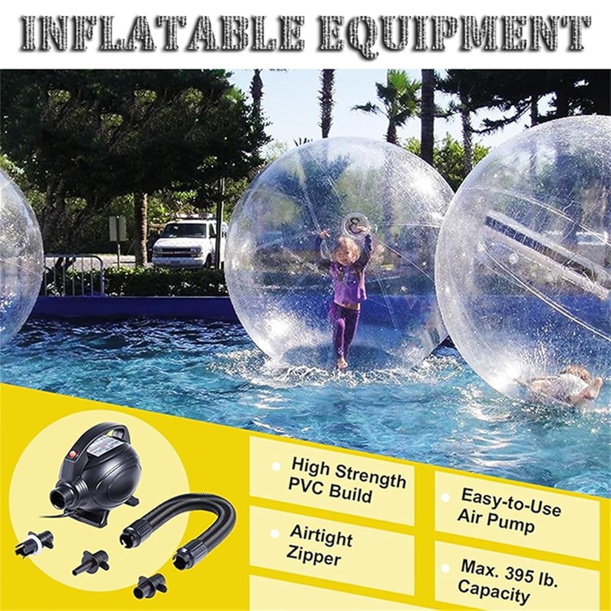Palla da passeggio sull'acqua gonfiabile da 1,5 m/2 m/2,5 m, attrezzatura per l'intrattenimento con cerniera e pompa elettrica per piscina/lago/spiaggia,2.5m