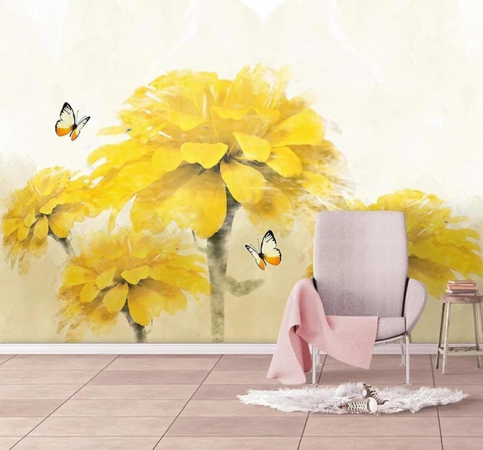 XLMING Papier Peint 3D Dessin À La Main Chaleureux Jaune Fleurs Papillons