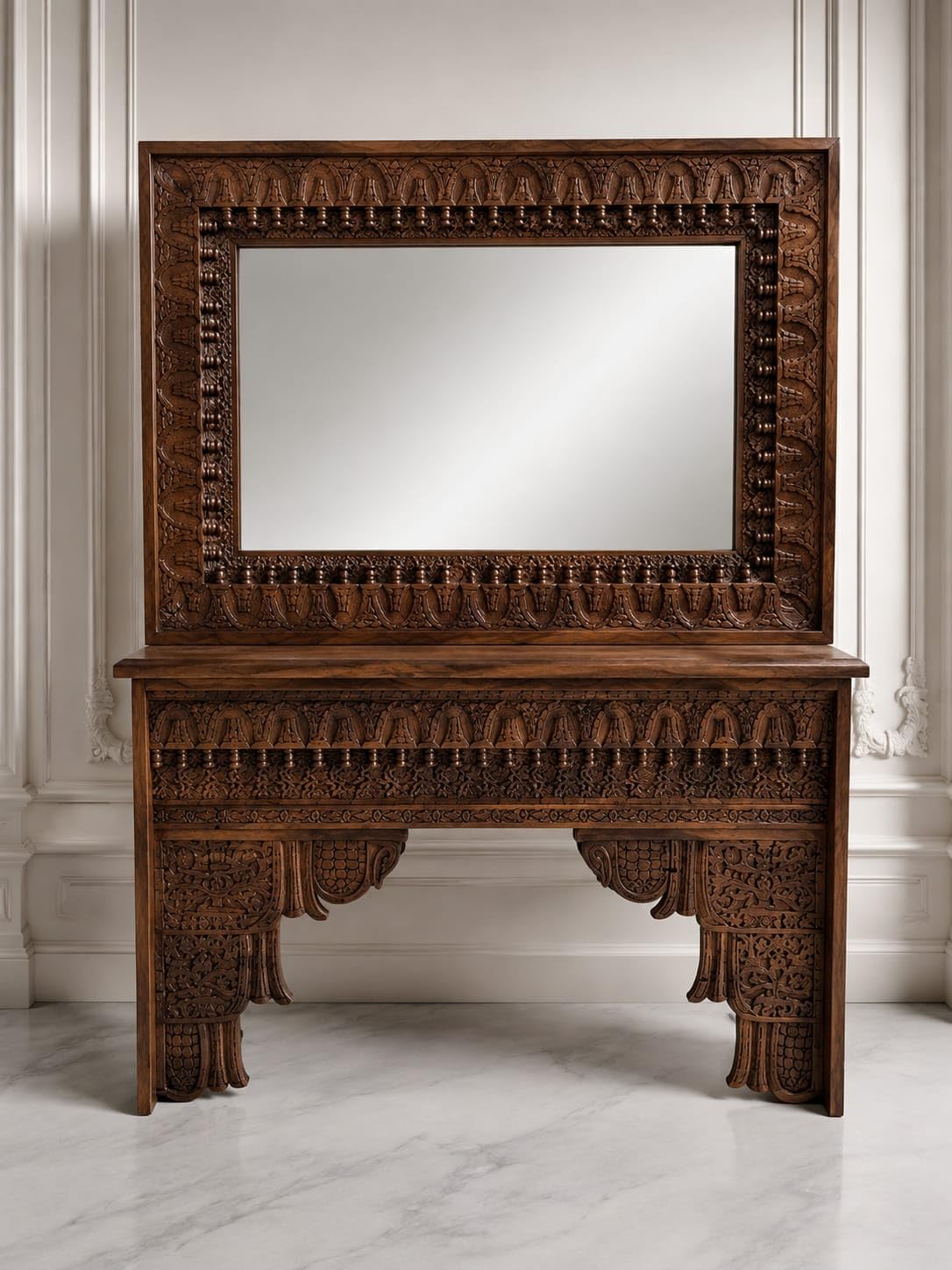 Solid Wood Hand Carved Console Table with Large Decorative Mirror | Traditional Wooden Dressing Console for Living Room, Bedroom & Entryway | Brown, 150 × 40 × 90 cm-image-42