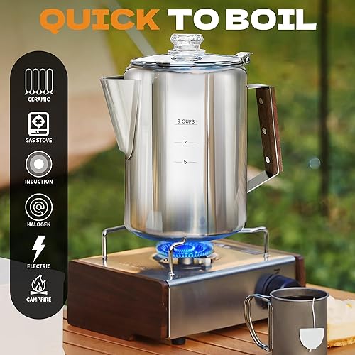 Miniatura 2 de Percolator Pot - Olla de café de acero inoxidable para acampar, sin aluminio o plástico, estufa de café (9 tazas)