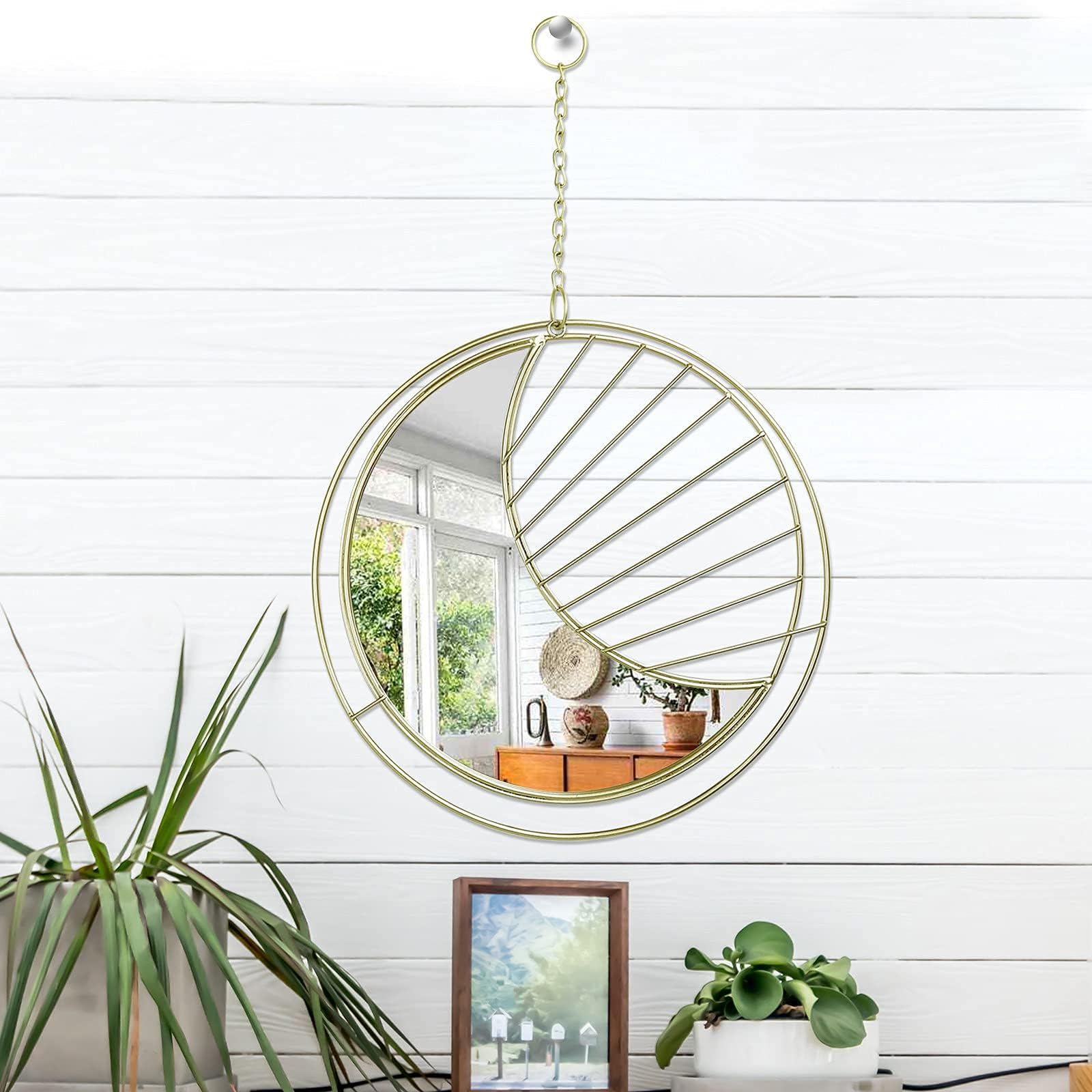 Hanging Mirror Crescent Moon Wall Mirrors, Decorative Wall Mounted Mirror, 11 inches Gold Round Moon Mirror with Hanging Chain for Bedroom,Hallyway,Living Room