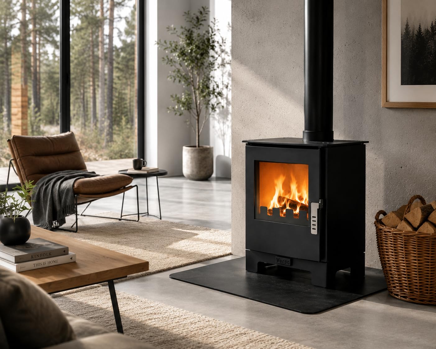 Verso stufa a legna da 3 l, 5 kW, 80,2% alta efficienza, piastra piatta compatta in acciaio (non ghisa), piccola stufa per camino da 60 a 80 m³, ecologica, a basse emissioni, scarico fumo da 150 mm