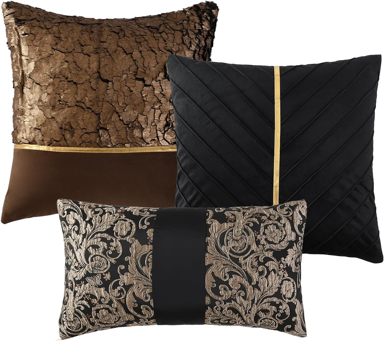 Finlonte King Size Comforter Set, Black Gold Jacquard, Luxury 7 Piece Bed in a Bag for All Seasons, Vintage Vine Floral Patchwork, Cozy Soft Bedding Sets with Bed Skirt, Shams and Decor Pillows