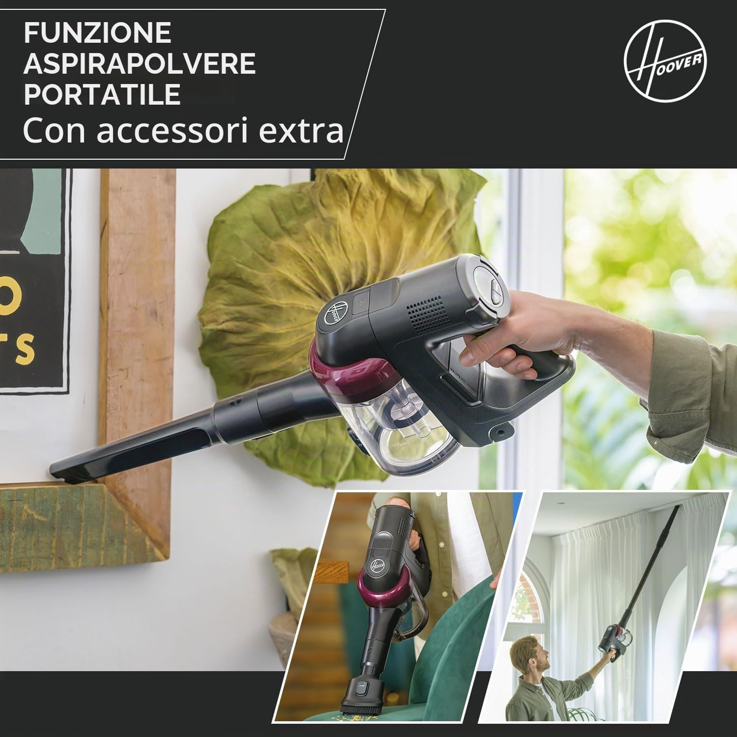 Hoover [HF410H Aspirapolvere senza fili, manovrabilità a 360° per tutti i tipi di pavimenti, spazzola anti-groviglio con luci LED integrate, Nero/Magenta