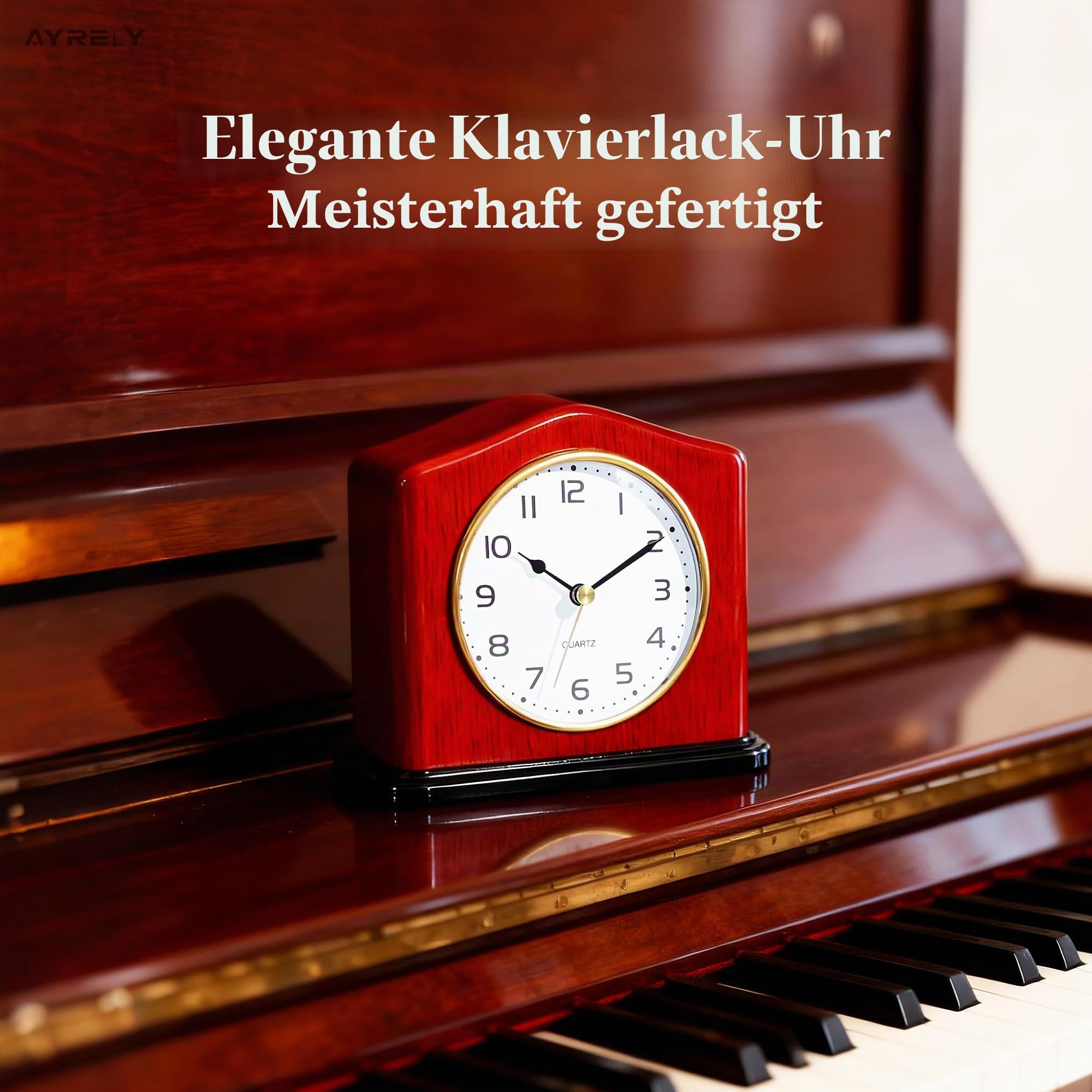 AYRELY® Kaminuhr aus Holz – Handgefertigte Tischuhr Vintage mit lautlosem Quarzwerk und Klavierlack-Optik, Elegante Standuhr für Wohnzimmer, Schlafzimmer, Büro oder als Geschenk