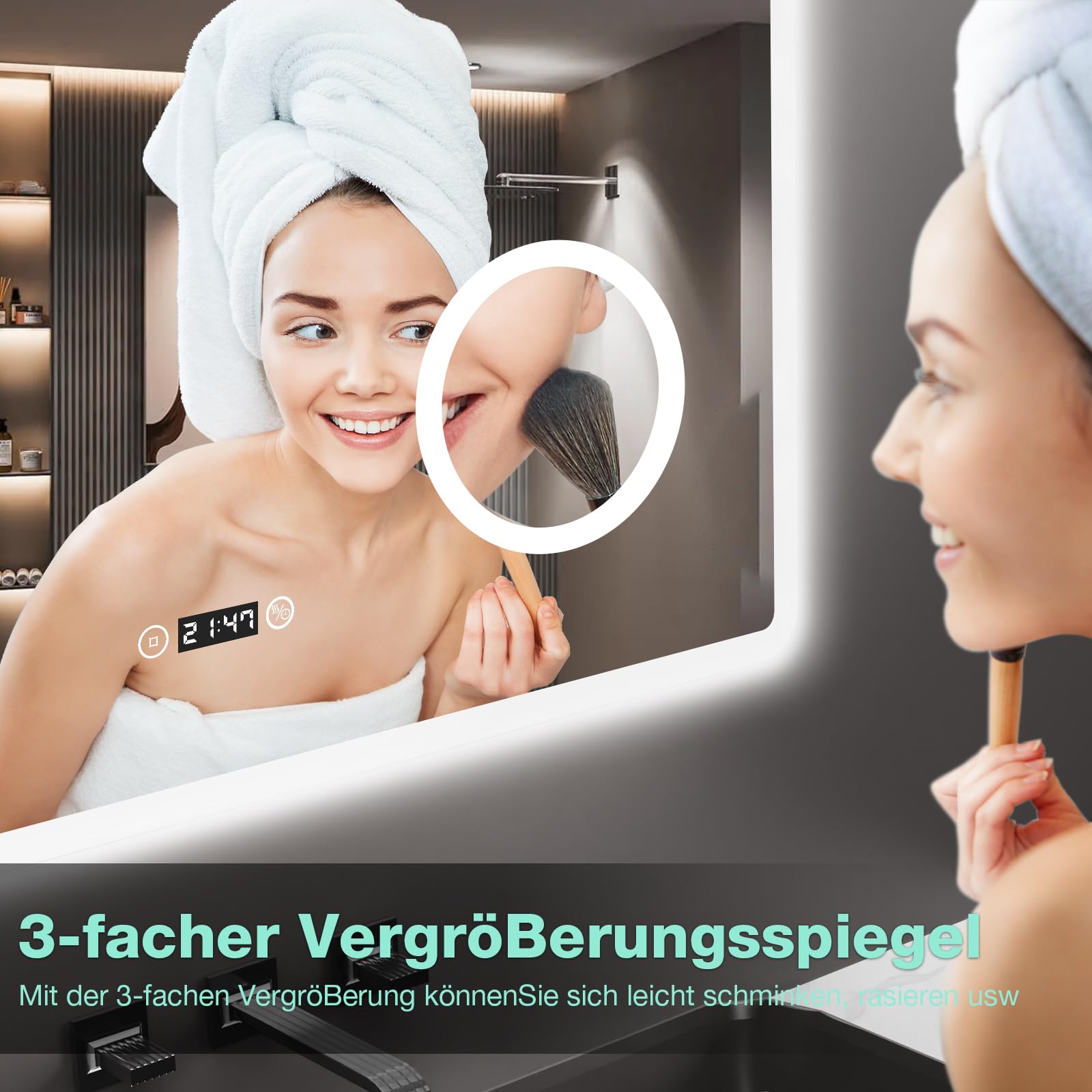 LED Bad Spiegel 80x60 cm mit Beleuchtung, 3 Lichtfarben & Dimmbar, Antibeschlag, Uhr & 3-fache Vergrößerung, Wandspiegel für Badezimmer
