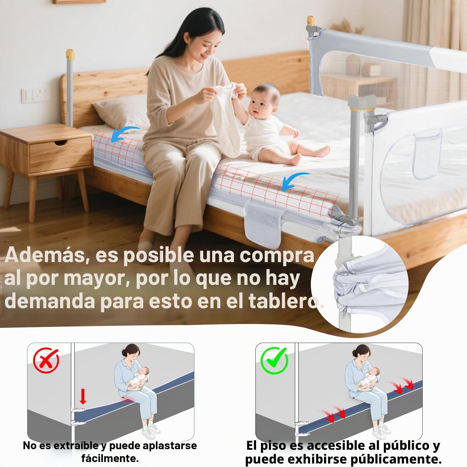 OUUTMEE Barrera de seguridad para cama de 200 cm, plegable, 30 alturas, altura regulable, diseño de bloques de color gris y blanco