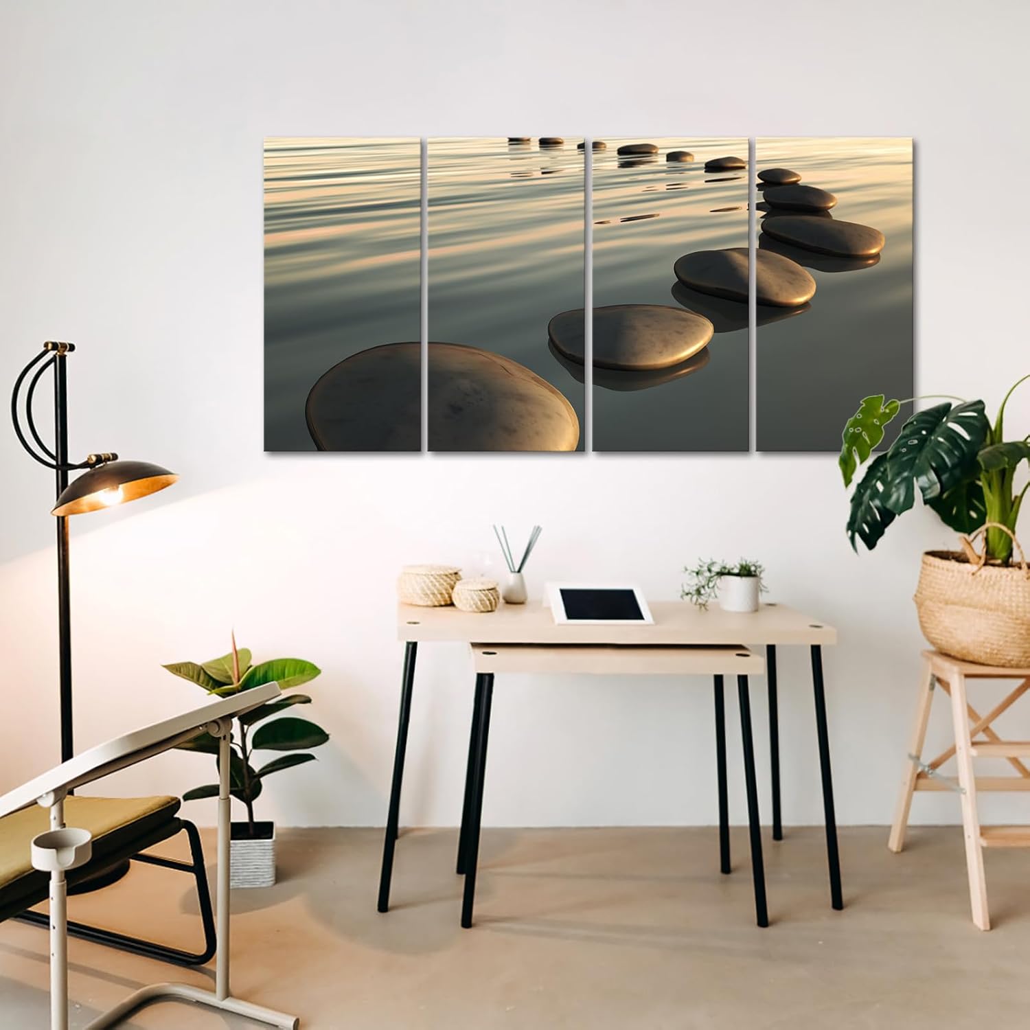 LevvArts - Large Zen Canvas Wall Art Basalt Stone at Sunset Relax Picture Spa Living Room Office Wall Decor Peaceful Scenery Artwork Framed Ready to Hang- 64" W x 32" H Overall