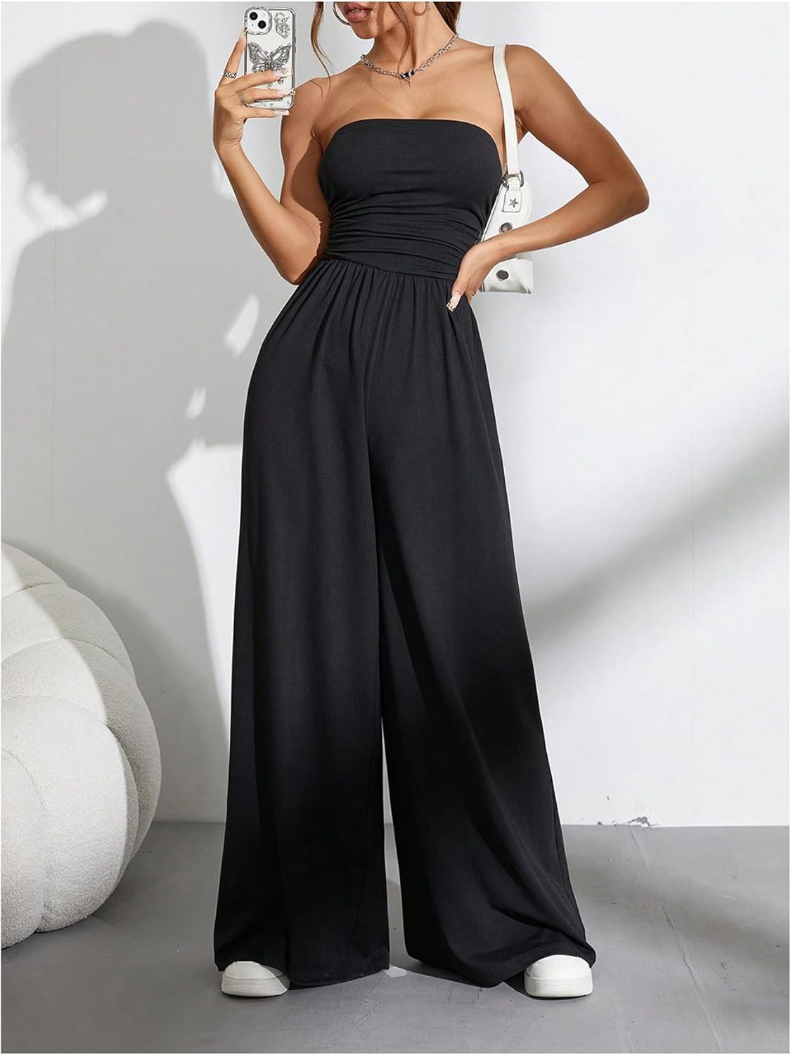 OYOANGLE Women's Strapless Jumpsuits Ruched Wide Leg Tube Romper Vacation Going Out Summer Outfits - Image 5