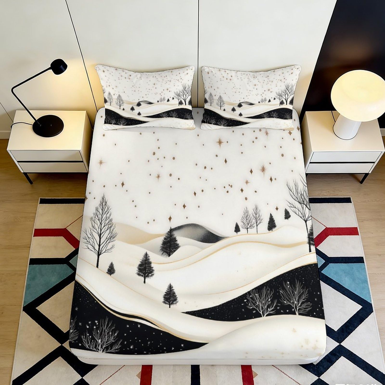 3D Printed Minimalist Landscape Fitted Sheet Microfiber Deep Pocket Non-Slip Bedding for Adults Minimalist Mattress Fitted Cover 160x200x25cm
