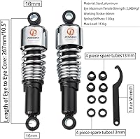 Vista 2 de Possbay amortiguador de motocicleta, amortiguador trasero de motocicleta 10.5"/267mm, suspensión trasera universal 1 par, negro y plateado
